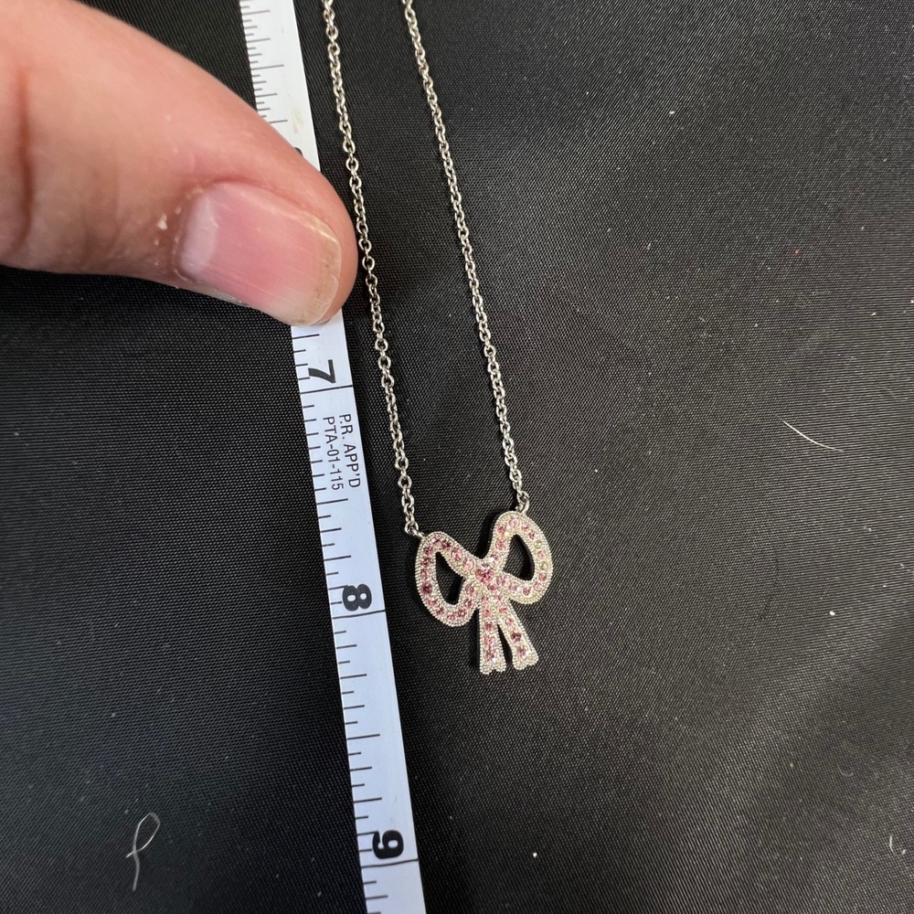 Coach Silver Tone Pink Pave Crystal Bow Pendant Necklace 17 Inch Chain - Picture 7 of 7